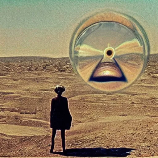 Prompt: woman with giant eyeballs in the desert 1972 Tarkovsky film, archival footage, technicolor film expired film live-action, 16mm