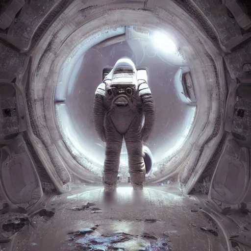 Image similar to concept art by craig mullins astronaut in futuristic dark and empty spaceship underwater. infrared complex and hyperdetailed technical suit. mandelbulb fractal. reflection and dispersion materials. rays and dispersion of light. volumetric light. 5 0 mm, f / 3 2. noise film photo. flash photography. unreal engine 4, octane render. interstellar movie art