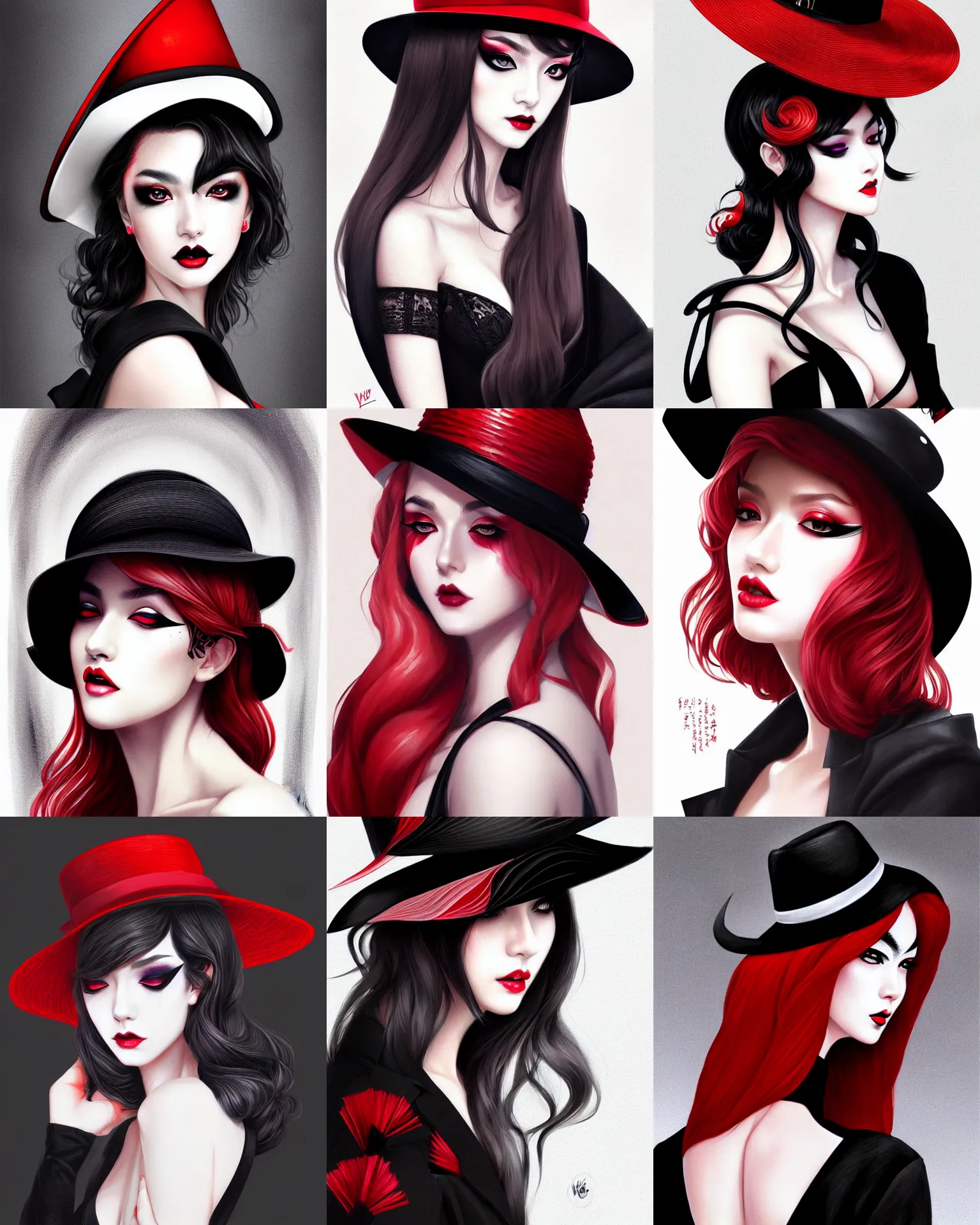 Prompt: lady with eyeliner makeup from genshin impact in triangle fedora hat and black coat, wavy lingeries, intricate, elegant confident pose, sharp focus, illustration, highly detailed, digital painting, concept art, art by wlop and artgerm and ross tran, masterpiece, red and white and black colors