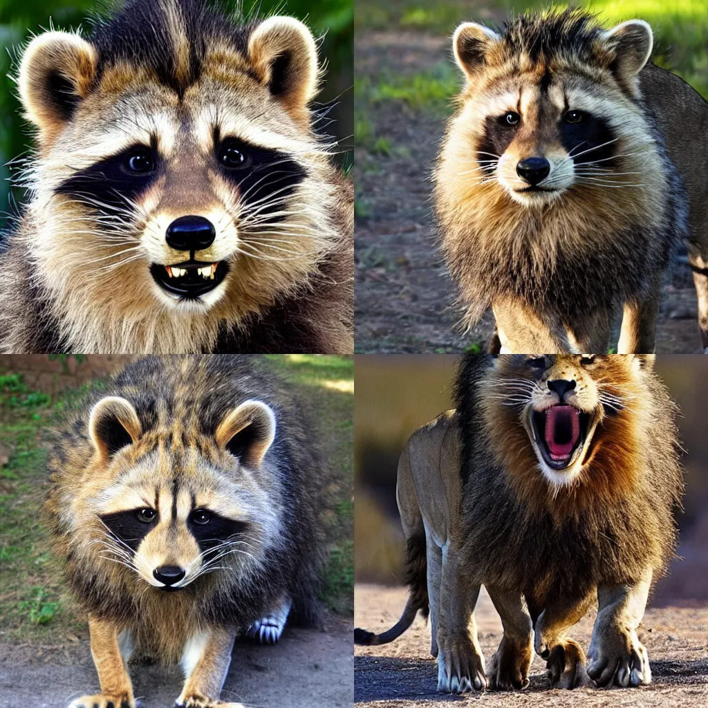 Prompt: a half lion half raccoon hybrid monster