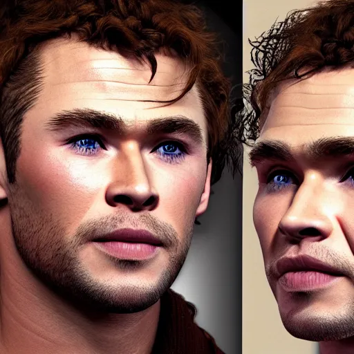Prompt: Chris Hemsworth and Robert Sheehan crossbreed, rendered in 3D by Xie Boli, trending on artstation, 4k, 8k, photorealistic imagery, photorealistic details, intricate, highly detailed