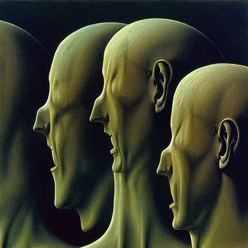 Prompt: dystopian surreal painting of eerie head statues surrounded by buildings by zdzisław beksinski and caravaggio