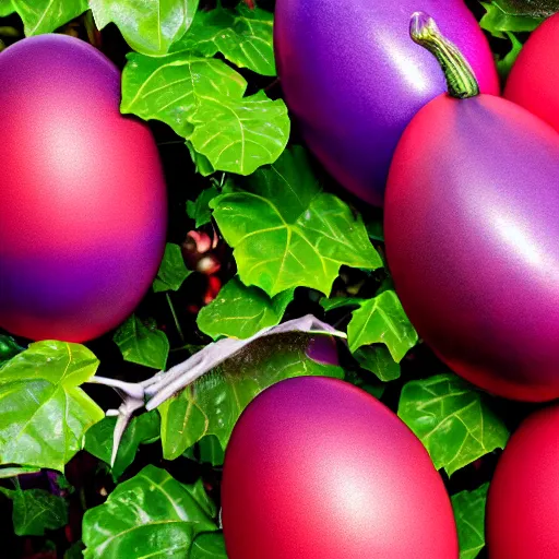 Image similar to a ornate detailed red and purple glowing egg, an eggplant fruit still on the vine