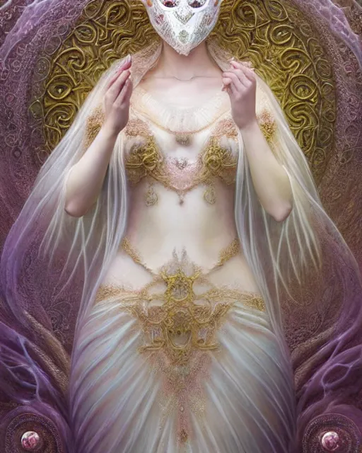 Image similar to beautiful ethereal maiden in a ivory masquerade mask intricate ornate fractal-lace and gemstones, wearing stunning ivory dress, subdued pastel color palette, full view, soft lighting, vivid, Hyperdetailed, 4k hd matte painting by Artgerm, Greg Rutkowski, Klimt, James Jean, 8k resolution, enchanting and otherworldly, Artstation, CGsociety, detailed, front view