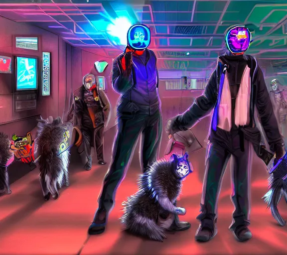 Image similar to high - resolution photograph from a cyberpunk era furry fandom convention ( midwest furfest 2 0 4 7 ), taking place after the genetic revolution and quantum singularity. photorealistic.