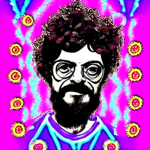 Prompt: Terence McKenna portrait as a magic mushroom. in style of blacklight poster