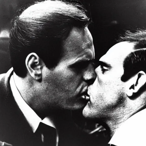 Prompt: Yuri Gagarin kissing Kenneth Anger, Getty images