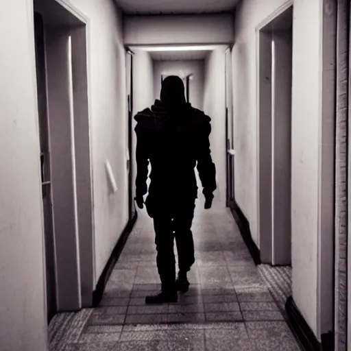 Prompt: photo of a creepy figure in a dark corridor