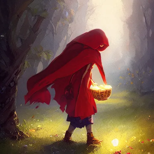 Prompt: a girl with a red cloak holding a basket full of apples, by Jordan Grimmer and greg rutkowski, crisp lines and color,