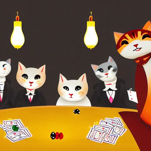 Image similar to fat mobster cats gambling at a table with a single light overhead, smoke fills the room, chinese art style photo