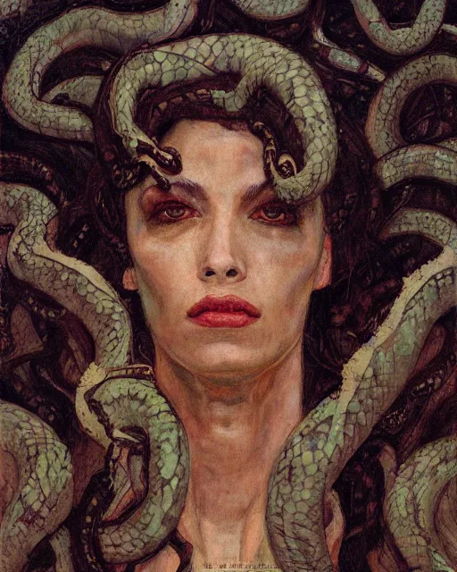 Image similar to portrait of a powerful medusa with many pythons by greg rutkowski in the style of egon schiele