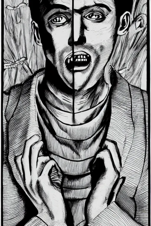 Image similar to junji ito illustration of ryan gosling