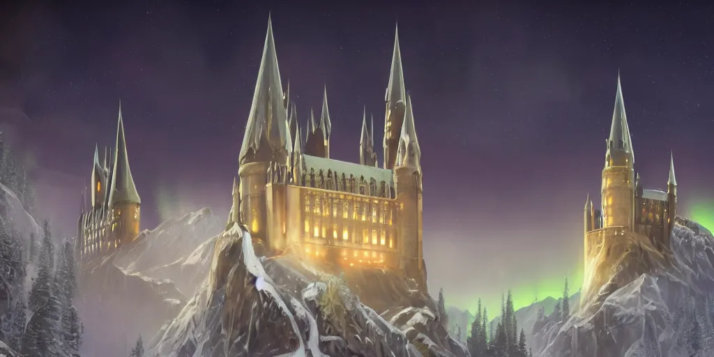 Image similar to mysterious painting of Hogwarts under the northern lights, immaculate scale, hyper-realistic, Unreal Engine, Octane Render, digital art, trending on Artstation, 16k, detailed, atmospheric, immaculate