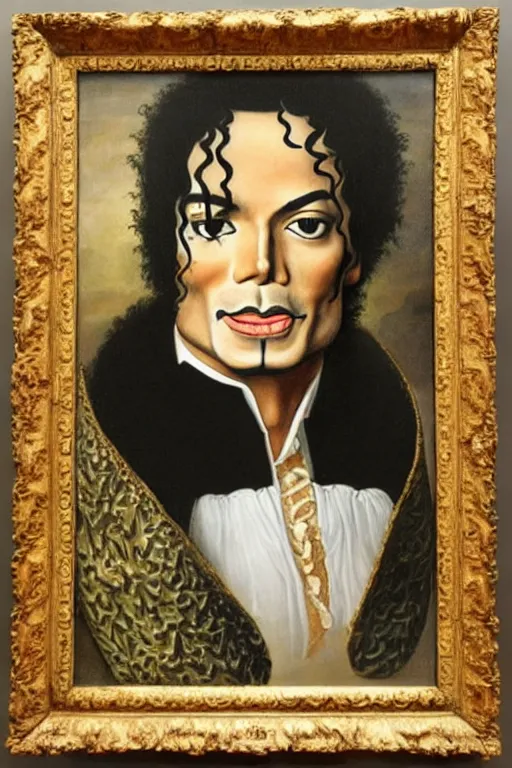 Prompt: a 1 6 0 0 s framed portrait painting of michael jackson holding a large pickle, intricate, elegant, highly detailed