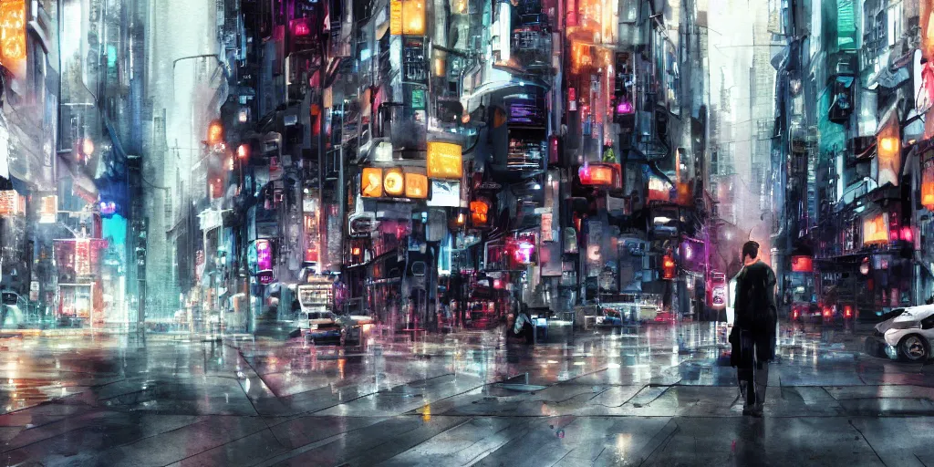 Image similar to the coming AI singularity, street scene, ultrawide watercolor, Ghost in the Shell