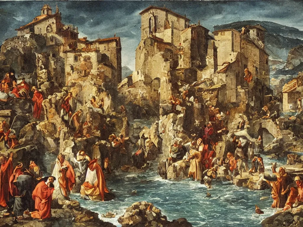 Image similar to Saint giving milk to the eels in Tuscany. Rocks, italian city ablaze. Painting by the Osservanza Master