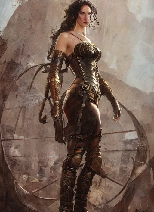 Image similar to highly detailed steampunk gal gadot standing, steel age : leonardo da vinci, greg rutkowski, magali villeneuve