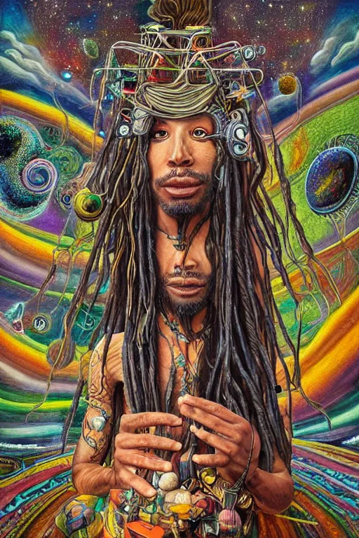 Prompt: a high hyper detailed painting with many complex textures of man with long dreadlocks making music in the cosmos, cosmic surreal psychedelic magic realism spiritual ufo art