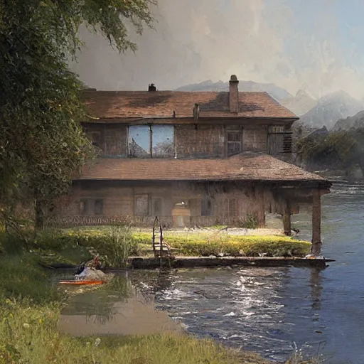 Prompt: a house by the lake painted by greg rutkowski