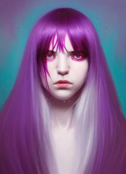 Image similar to hair whitebangs hair, black hair, whitebangs, portrait of teenage girl with white bangs, red irises, purple clothes, white bangs, bangs are different color from hair, intricate, elegant, glowing lights, highly detailed, digital painting, artstation, concept art, smooth, sharp focus, illustration, art by wlop, mars ravelo and greg rutkowski