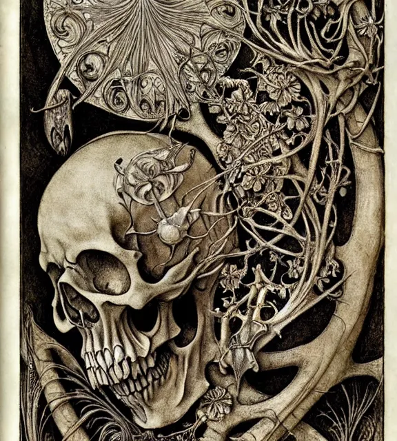 Image similar to memento mori by arthur rackham, art forms of nature by ernst haeckel, exquisitely detailed, art nouveau, gothic, ornately carved beautiful skull dominant, intricately carved antique bone, art nouveau botanicals, ornamental bone carvings, art forms of nature by ernst haeckel, horizontal symmetry, arthur rackham, ernst haeckel, symbolist, visionary