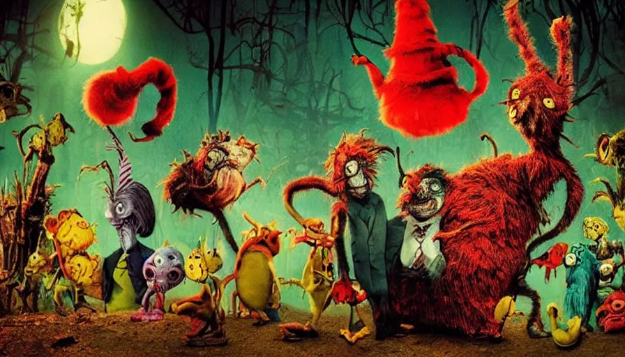 Image similar to full - color cinematic movie still from a live - action “ dr. seuss ” horror film directed by “ guillermo del toro ”. the scene features bizarre whimsical imaginary animals from the story “ if i ran the zoo ”. highly - detailed ; photorealistic ; frightening.