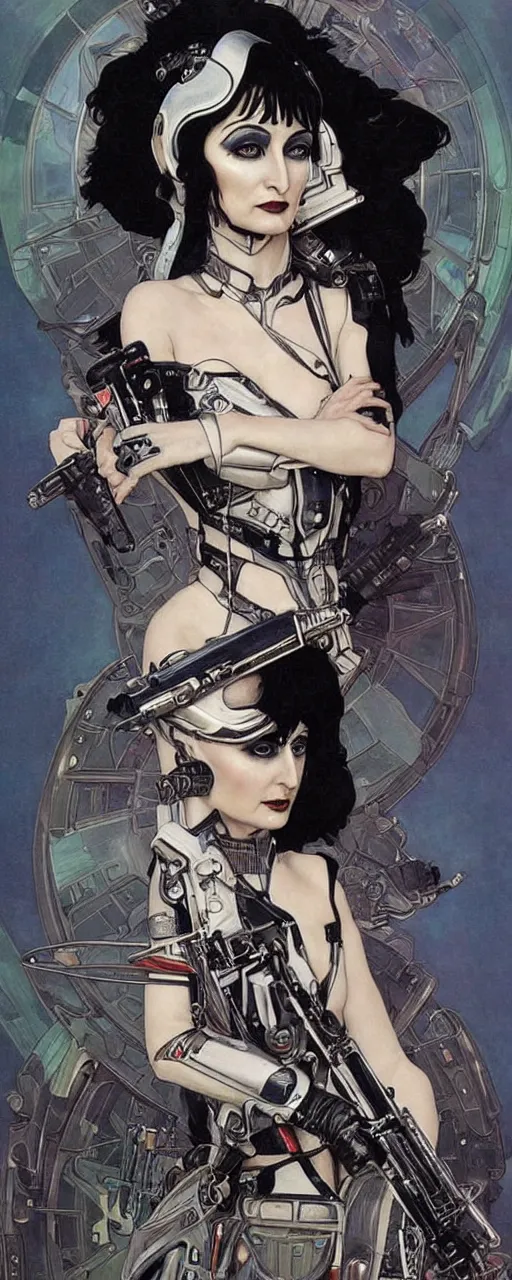 Image similar to a beautiful and captivating sci - fi art nouveau style portrait of siouxsie sioux as a futuristic gothpunk rebel soldier by chris achilleos, travis charest and alphonse mucha, mixed media painting, photorealism, extremely hyperdetailed, perfect symmetrical facial features, perfect anatomy, ornate declotage, circuitry, technical detail, confident expression, wry smile