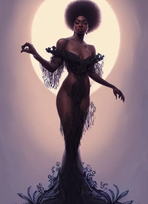 Prompt: full body portrait of beautiful black woman as the swan queen, glowing crown, beautiful flowy feathered gown, intricate white lilies, beautiful baroque lace detail, highly detailed, digital painting, artstation, concept art, smooth, sharp focus, illustration, art by wlop, mars ravelo and greg rutkowski