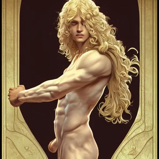 Image similar to Apollo the pale blond Greek God league of legends on his day off, long fluffy curly blond hair, highly detailed, digital painting, artstation, concept art, smooth, sharp focus, illustration, ArtStation, art by artgerm and greg rutkowski and alphonse mucha and Edmund Blair Leighton and Charlie Bowater