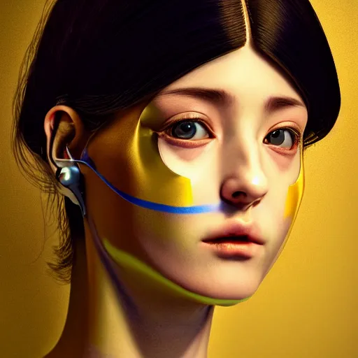 Image similar to hyperrealism aesthetic photography in caravaggio and araki nobuyoshi style computer simulation visualisation of parallel universe cyberpunk scene with beautiful detailed ukrainian woman with detailed face and perfect eyes wearing ukrainian traditional shirt and wearing retrofuturistic sci - fi neural interface designed by josan gonzalez. hyperrealism photo on pentax 6 7, by giorgio de chirico volumetric natural light rendered in blender