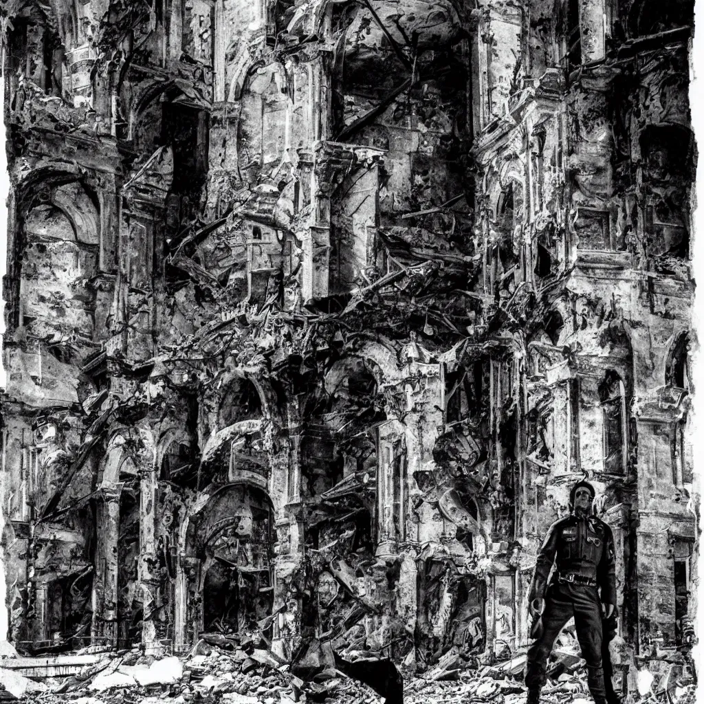 Prompt: dramatic portrait of a lone nazi soldier standing in the ruins of a synagogue church by bill sienkiewicz, hyperdetailed mixed media painting, dark atmosphere, hyperrealism, film noir, photorealism, high contrast 8k