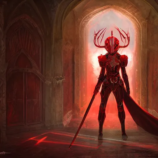 Image similar to blood knight, red, glowing halo, fantasy art, located in a castle, morning sunlight through the window, decorated, high quality, highly detailed, 4 k