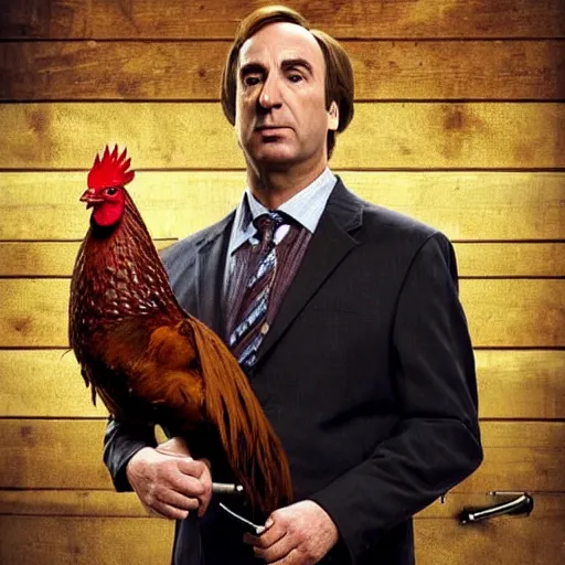 Image similar to saul goodman and a rooster in a medieval torture chamber, saw blades and knives in the background, horror movie, saul goodman, rooster, real life photo, detailed face