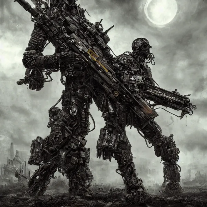 Image similar to apocalyptic man attached to machine weaponry, hyper - detailed, smooth, sharp focus, 4 k ultra hd, fantasy dark art, apocalyptic art