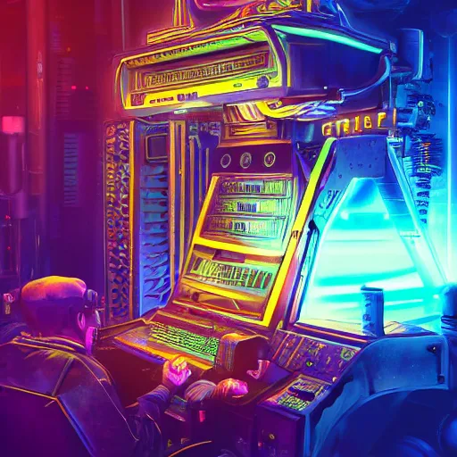 Image similar to album art, album is called tripmachine, write big text tripmachine, photo of a huge futuristic steampunk machinery inside a computer, 8 k, fluorescent colors, halluzinogenic, multicolored, exaggerated detailed, front shot, 3 d render, octane