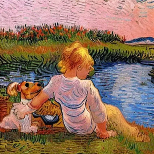 Prompt: girl with curly blonde hair sits next to her white pitbull, sitting on a riverbank watching the sunset, painting by van gogh