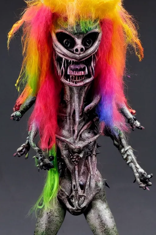 Image similar to a brutal terrifying and mysterious weird toy monster of chaos warped in horror with long rainbow - colored hair, her skin has gaps, spikes, and complex alien textures, terrifying and mysterious