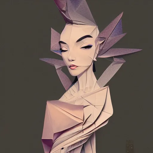 Image similar to 3 / 4 view of a beautiful girl wearing an origami dress, eye - level medium shot, elegant, givenchy, by peter mohrbacher, centered, fresh colors, origami, fashion, detailed illustration, vogue, high depth of field, japanese, reallusion character creator