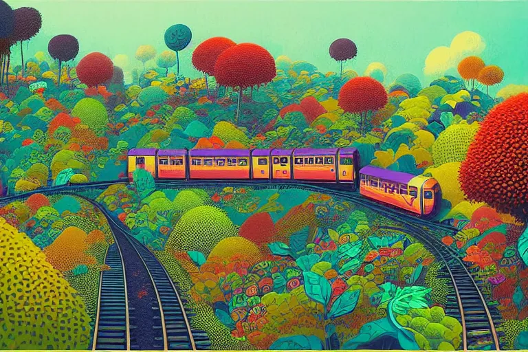 Prompt: surreal glimpse into other universe, ride train to penang hill, summer morning, very coherent and colorful high contrast, art by!!!! gediminas pranckevicius!!!!, geof darrow, floralpunk screen printing woodblock, dark shadows, hard lighting, stipple brush technique,