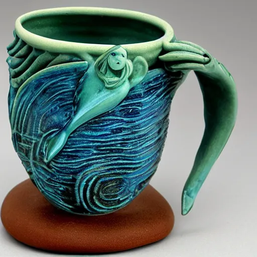 Image similar to a ceramic mug sculpted to be a mermaid