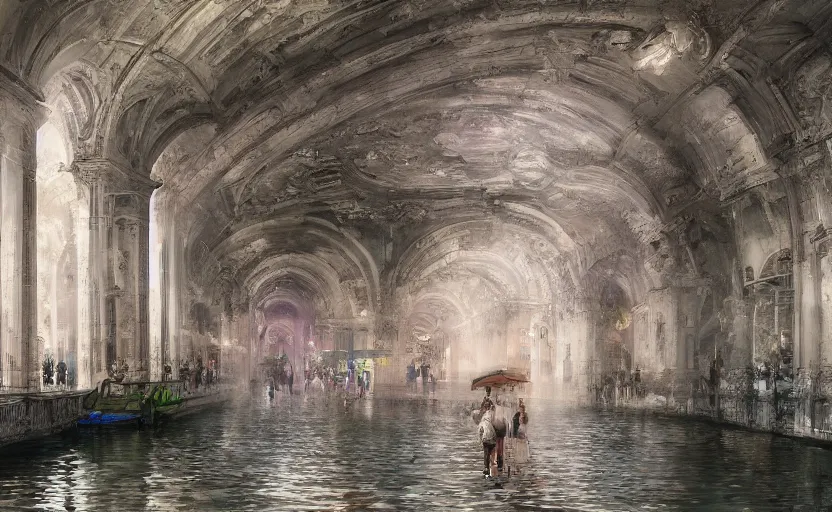 Prompt: An urban train rides inside of a waterway on a fantasy city, next to a fountain and a mystical palace. By Konstantin Razumov, Fractal flame, chiaroscuro, highly detailded