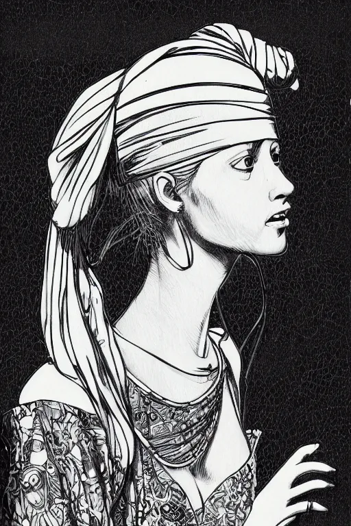 Image similar to beautiful portrait of a woman, negative no not the girl with a pearl earring, highly detailed ink illustration of a narrow neon lit tokyo alley, b & w clean shaped illustration by kim jung gi, ric estrada, ron english and eiichiro oda