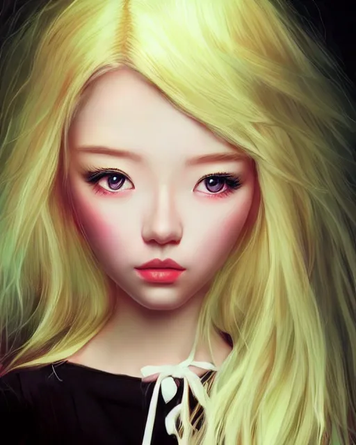 Prompt: lazy eye melting beautiful realistic photograph of pretty blonde korean girl alice,, dramatic lighting alice in wonderland, dj sura face, artgerm, ilya kuvshinov