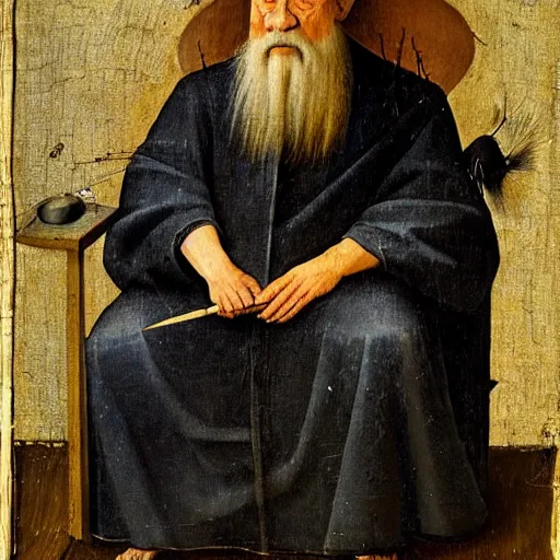 Image similar to portrait of an old wise wizard man in an ancient robe, art by hieronymus bosch