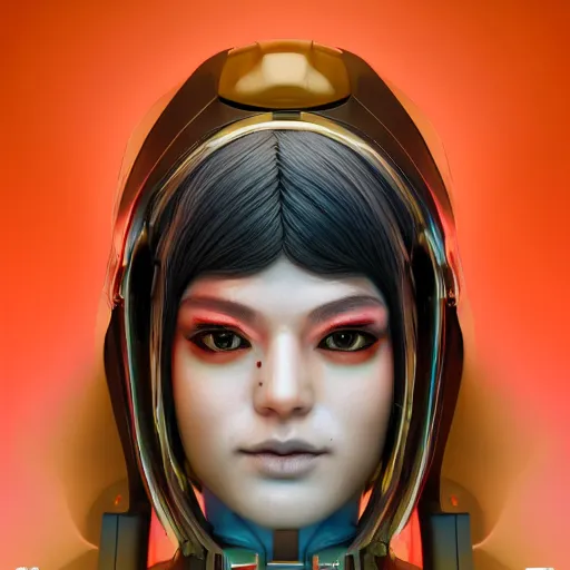 Image similar to centered symmetrical portrait of a persian cyberpunk cyborg japanese girl in kimono with glowing cybernetics, hyperdetailed, digital painting, trending on Artstation, cel-shading style, CG society, hyperdetailed, digital painting, hypermaximalist, golden ratio, volumetric, octane render, weta digital, micro details, 3d sculpture