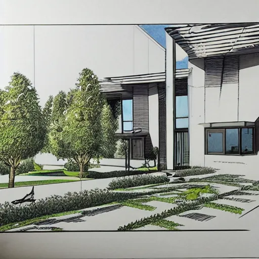 Image similar to an architectural drawing of a modern house with a courtyard, detailed, lush,