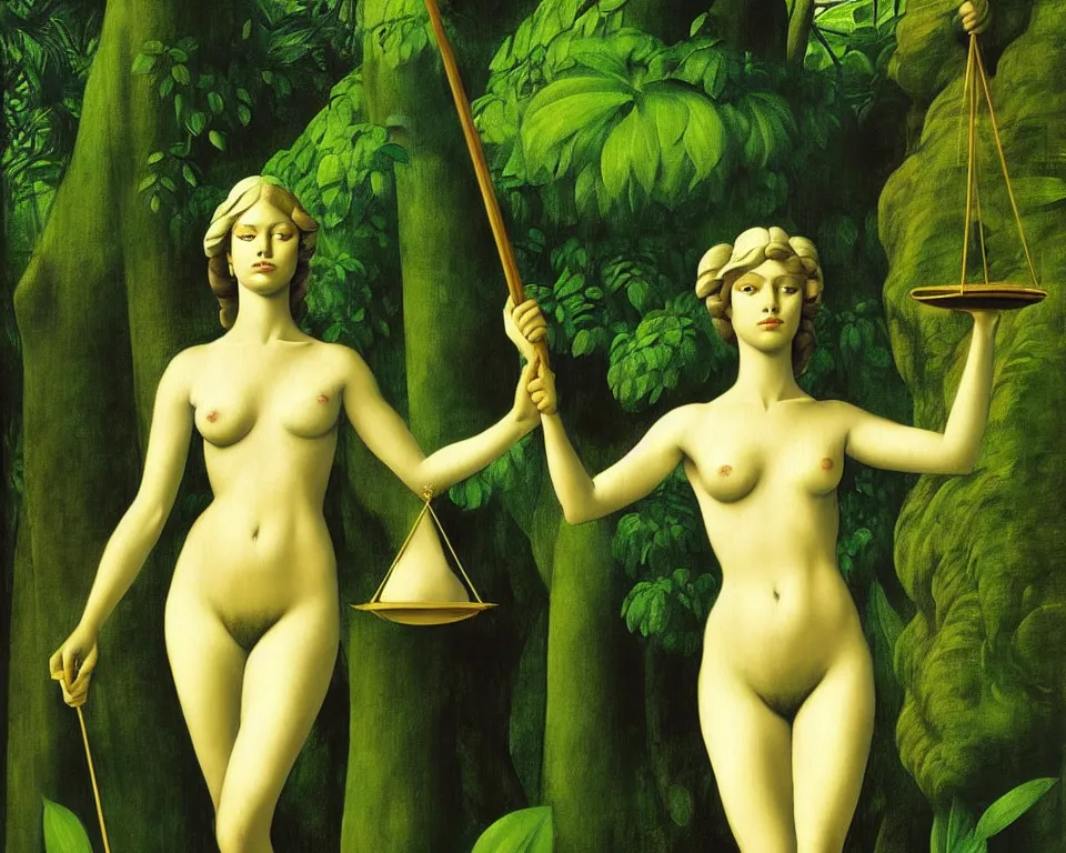 Image similar to an achingly beautiful print of lady justice in the rainforest by Raphael, Hopper, and Rene Magritte. detailed, romantic, enchanting, trending on artstation.