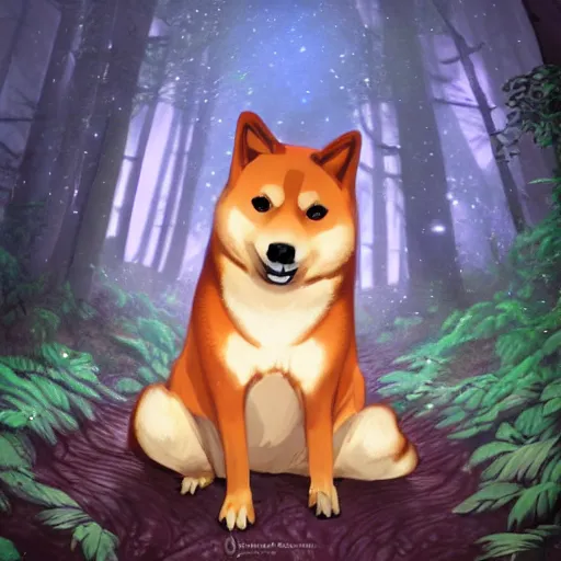 Image similar to anthropomorphic shiba inu mage travels through a forest, cinematic lighting, Fantasy Art