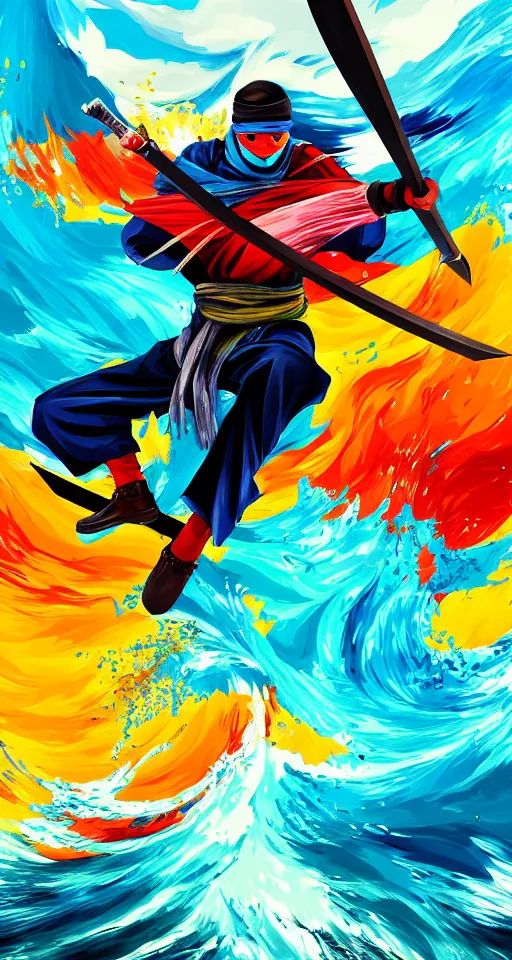 Image similar to colorful beautiful abstract scene, ninja with katana of water wave, full body, water fists of fury, jumping leaping heroic attack, action scene, ultra detailed