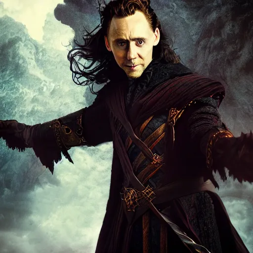 Prompt: portrait of a Tom hiddleston as a warlock ,Grim fantasy, D&D, HDR, natural light, shoulder level shot, dynamic pose, award winning photograph, Mucha style 4k,